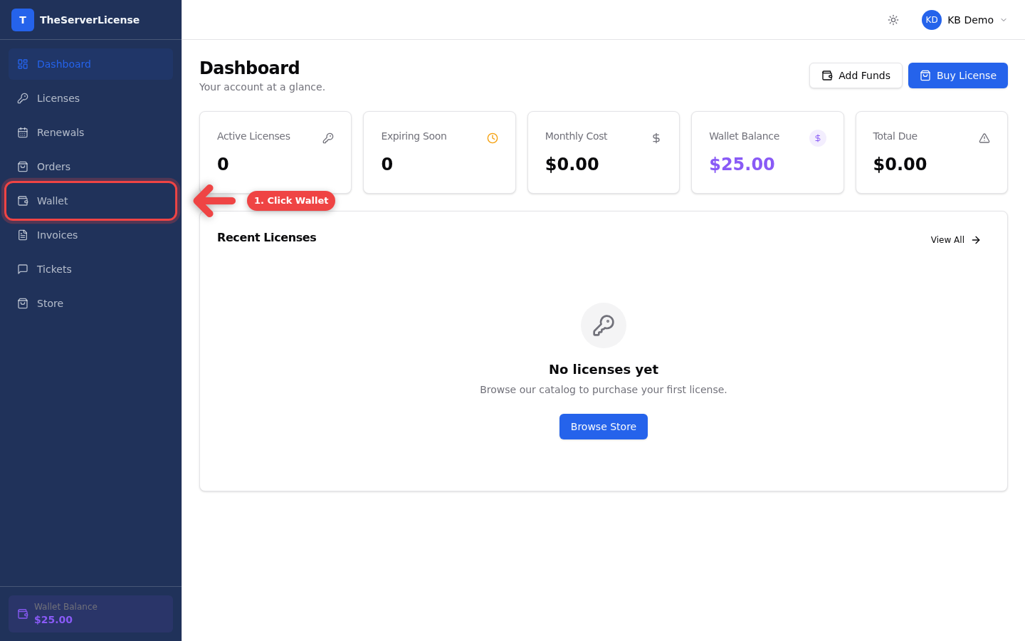 Dashboard with Wallet highlighted