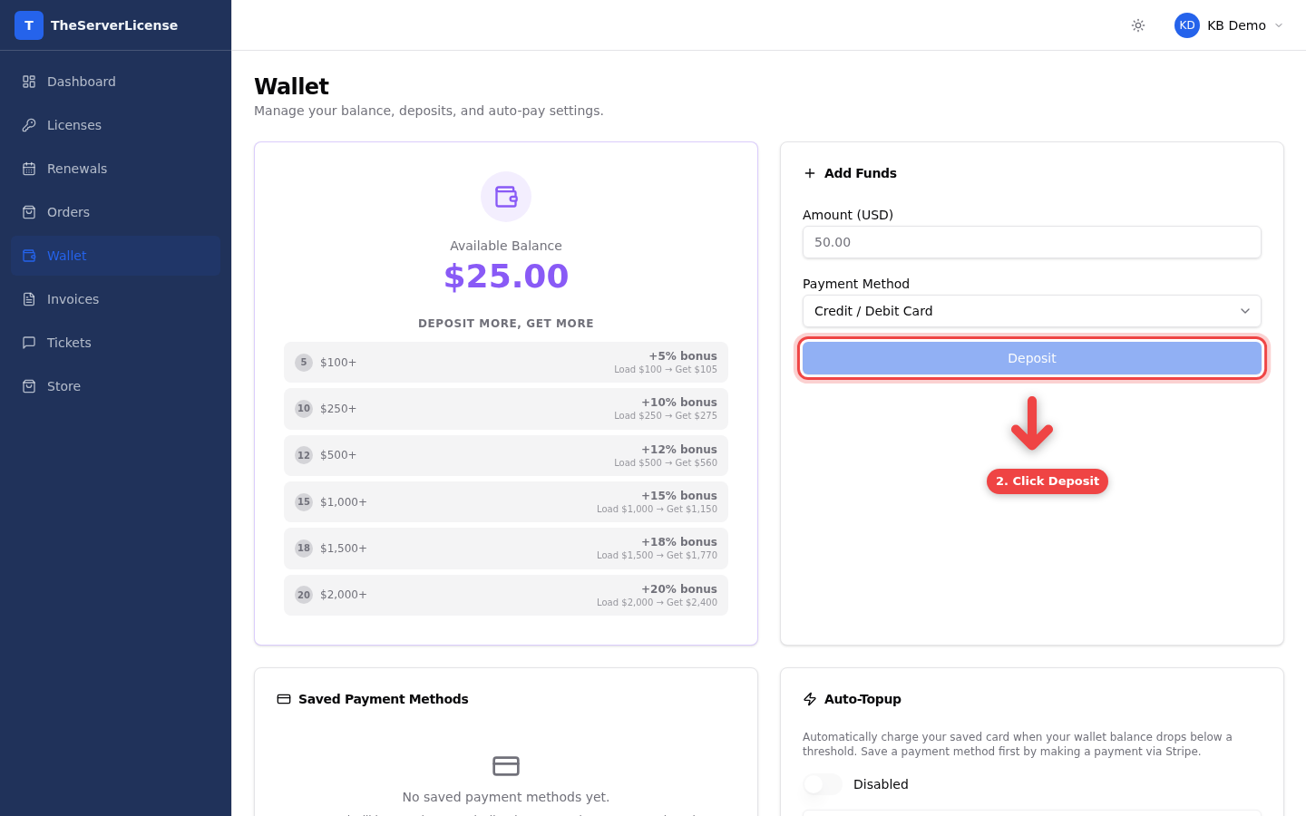 Add Funds panel with Deposit button highlighted